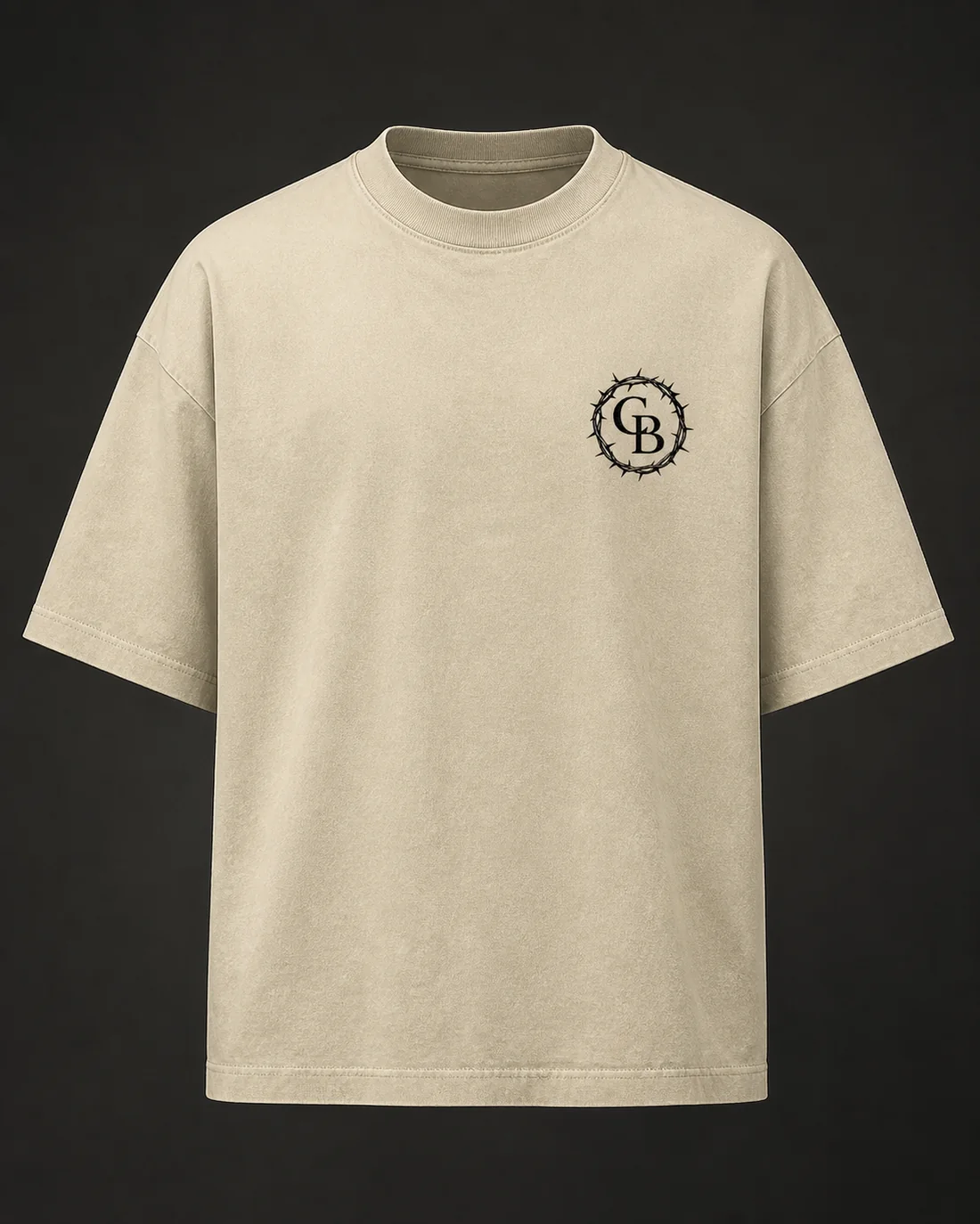 The Narrow Path tee in Bone, front, with the CB thorn crest at the left chest.