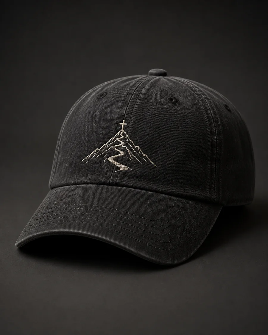 The Narrow Path cap in Faded Black with the embroidered mountain mark.
