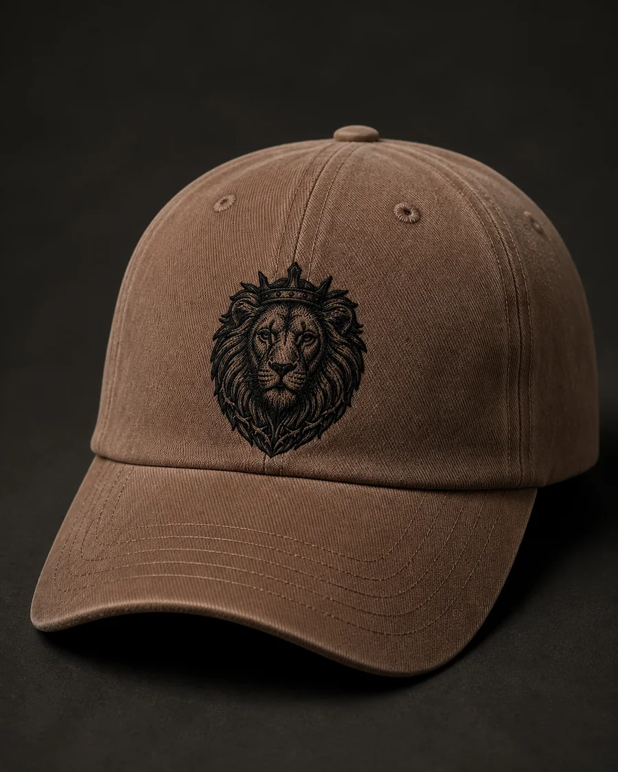 Lion of Judah cap in Clay with the embroidered crowned lion.