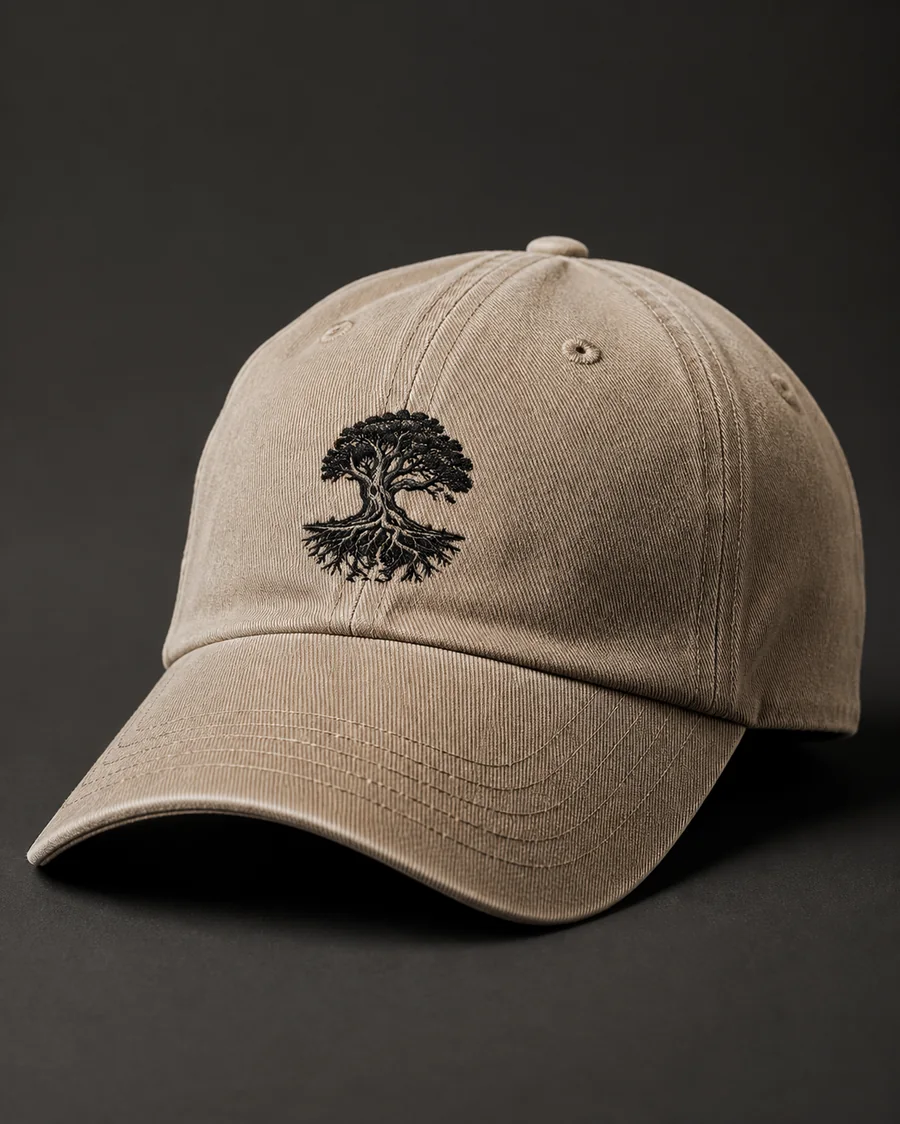 Rooted cap in Sand with the embroidered tree and roots.