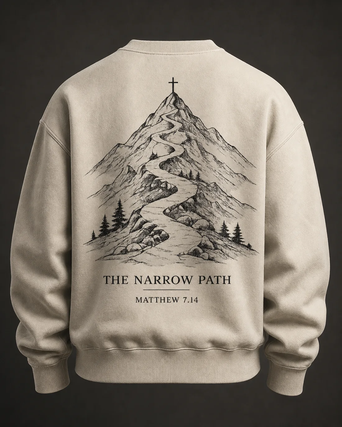 The Narrow Path crewneck in Bone, shown from the back with the full print.