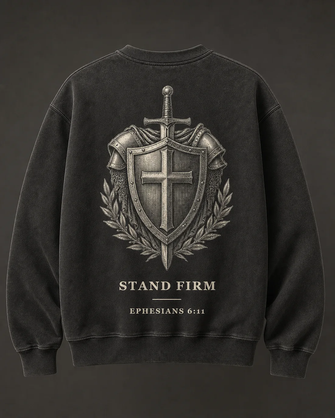 Stand Firm crewneck in Faded Black, full back print.