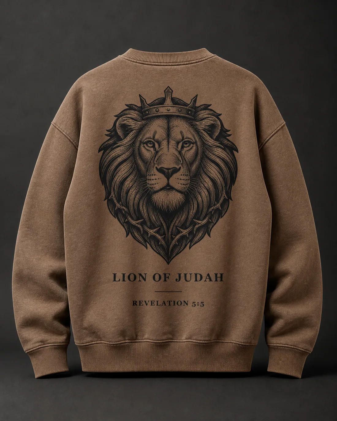 Lion of Judah crewneck in Clay, full back print.