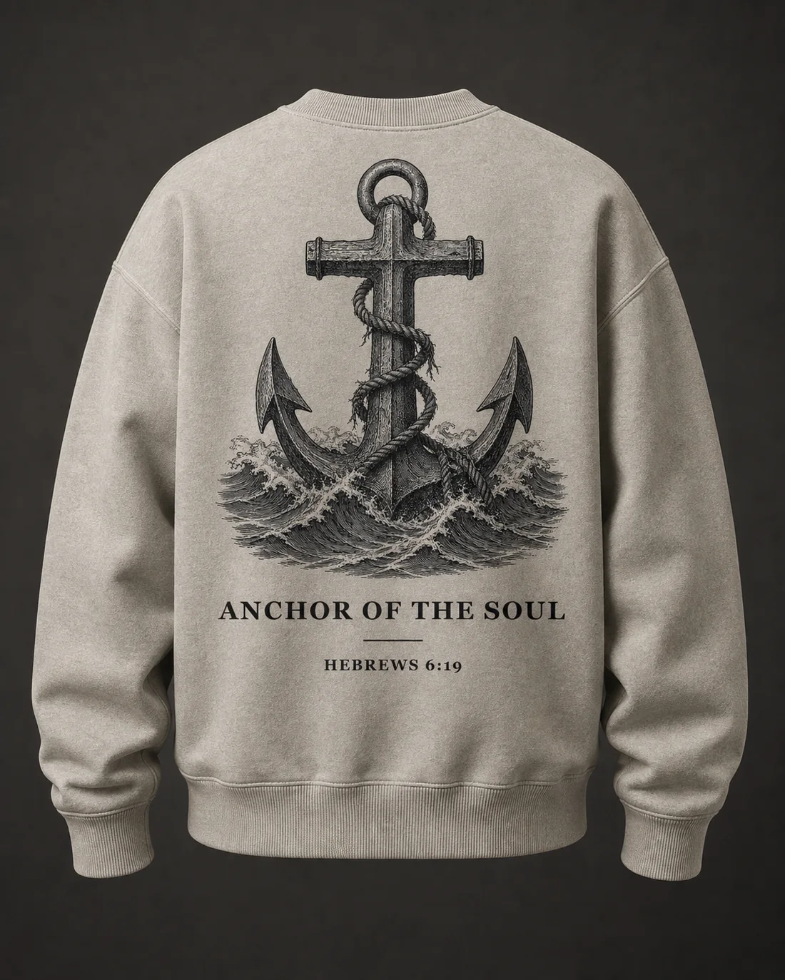 Anchor of the Soul crewneck in Vintage Ash, full back print.