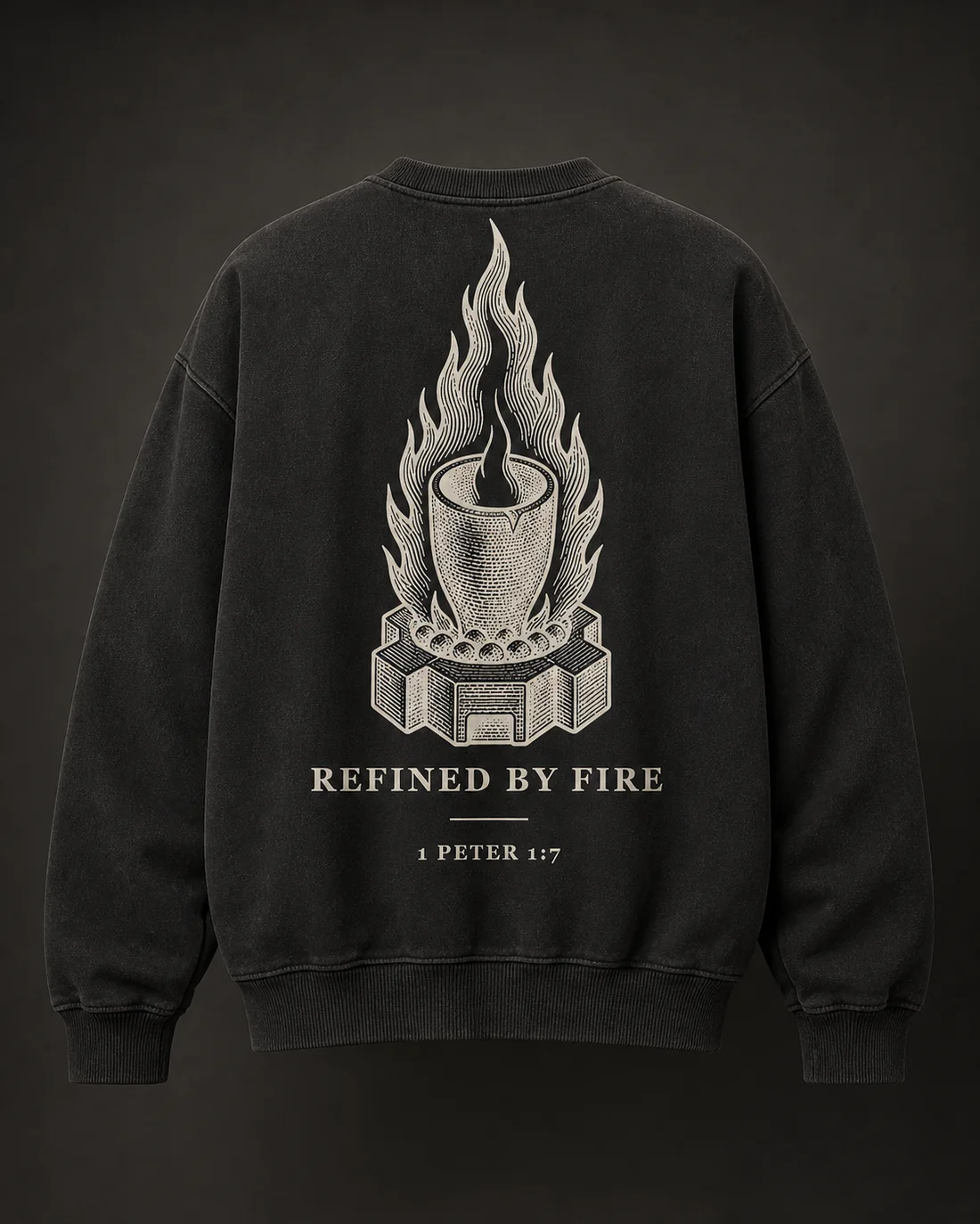 Refined by Fire crewneck in Faded Black, full back print.