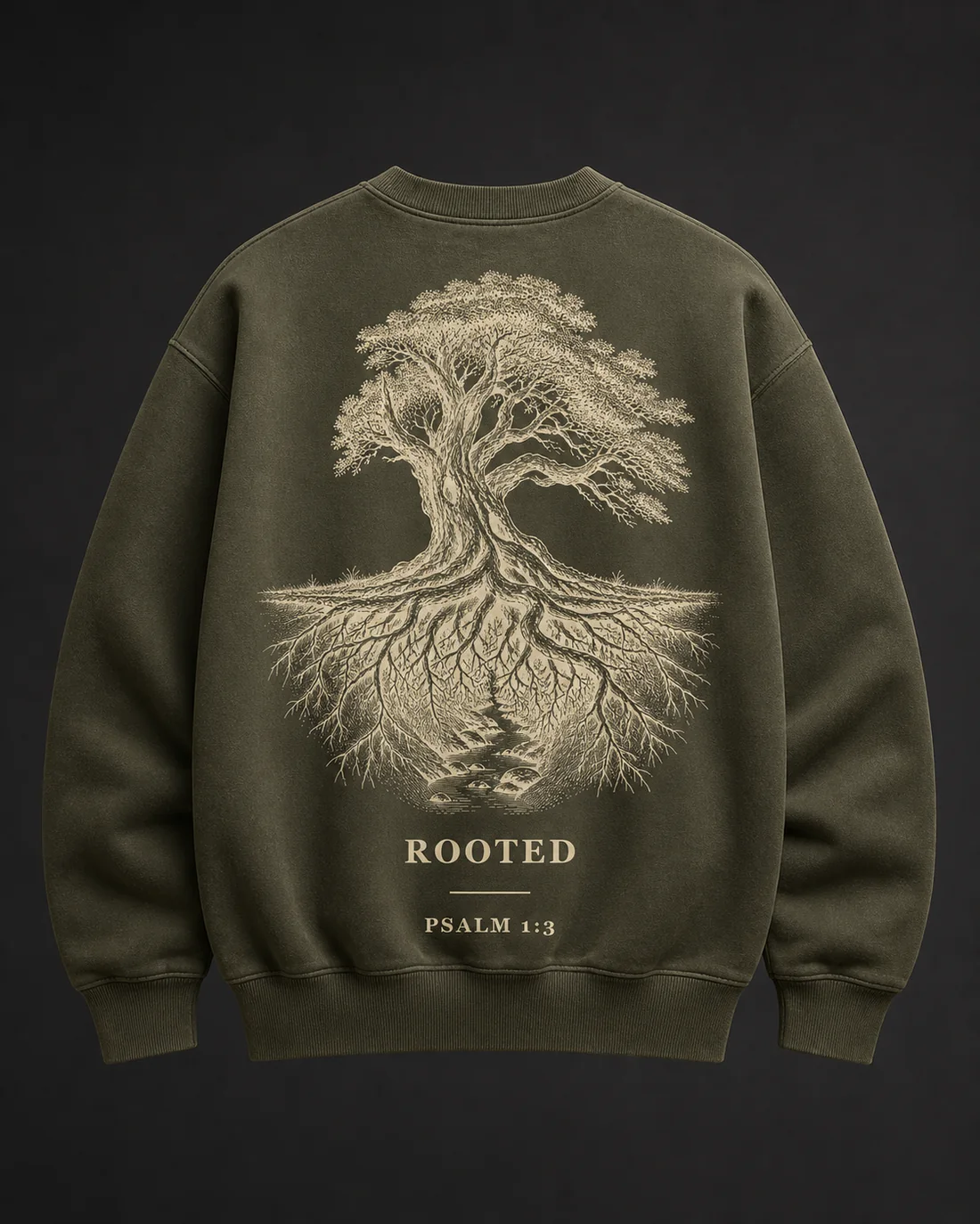 Rooted crewneck in Field Olive, full back print.