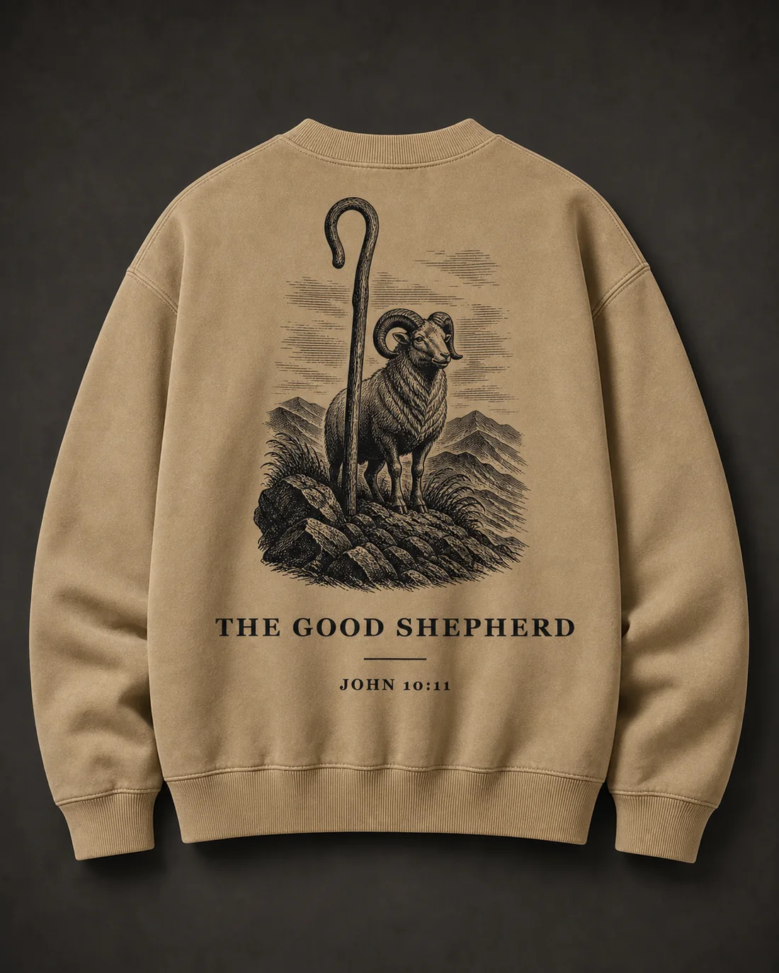 The Good Shepherd crewneck in Sand, full back print.