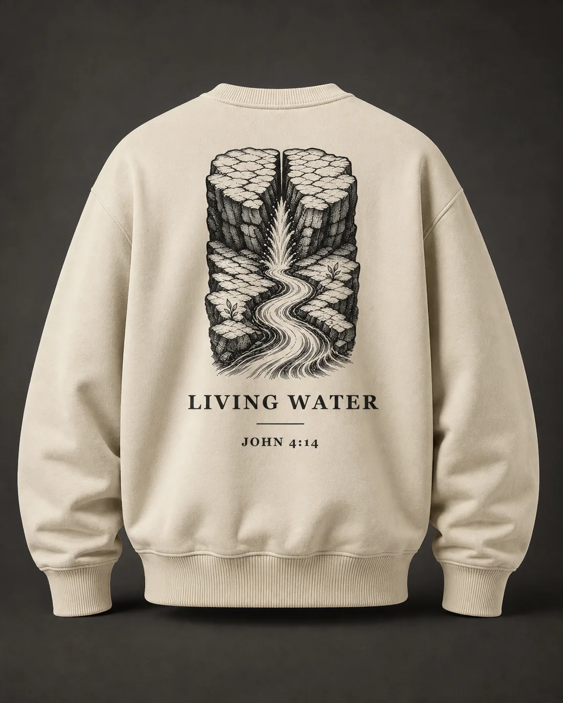 Living Water crewneck in Bone, full back print.