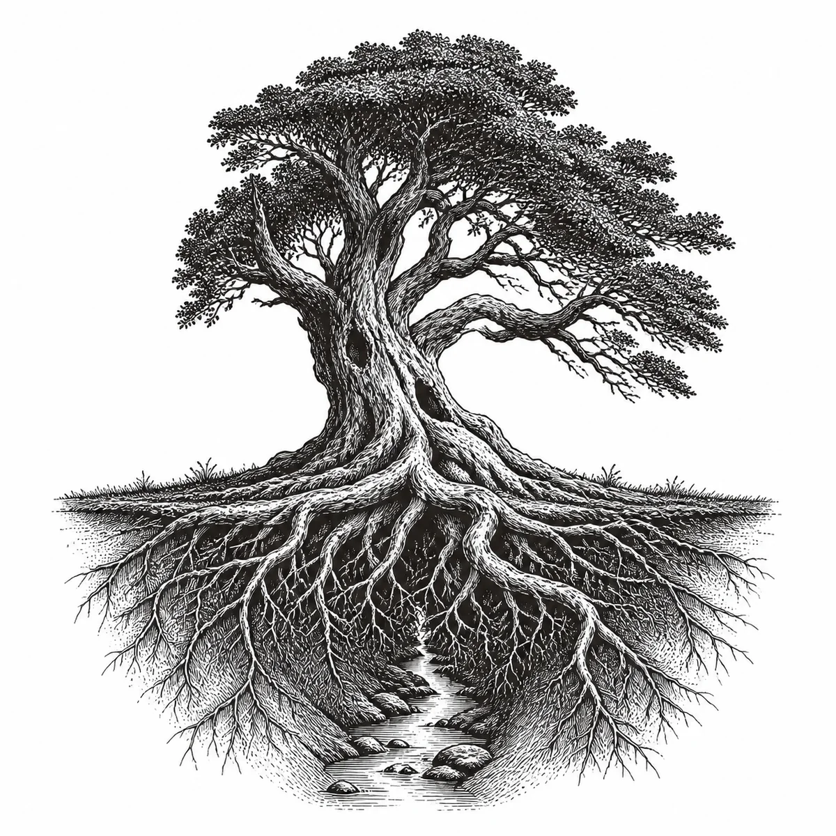 Rooted — a broad tree with deep roots drinking from a hidden stream.