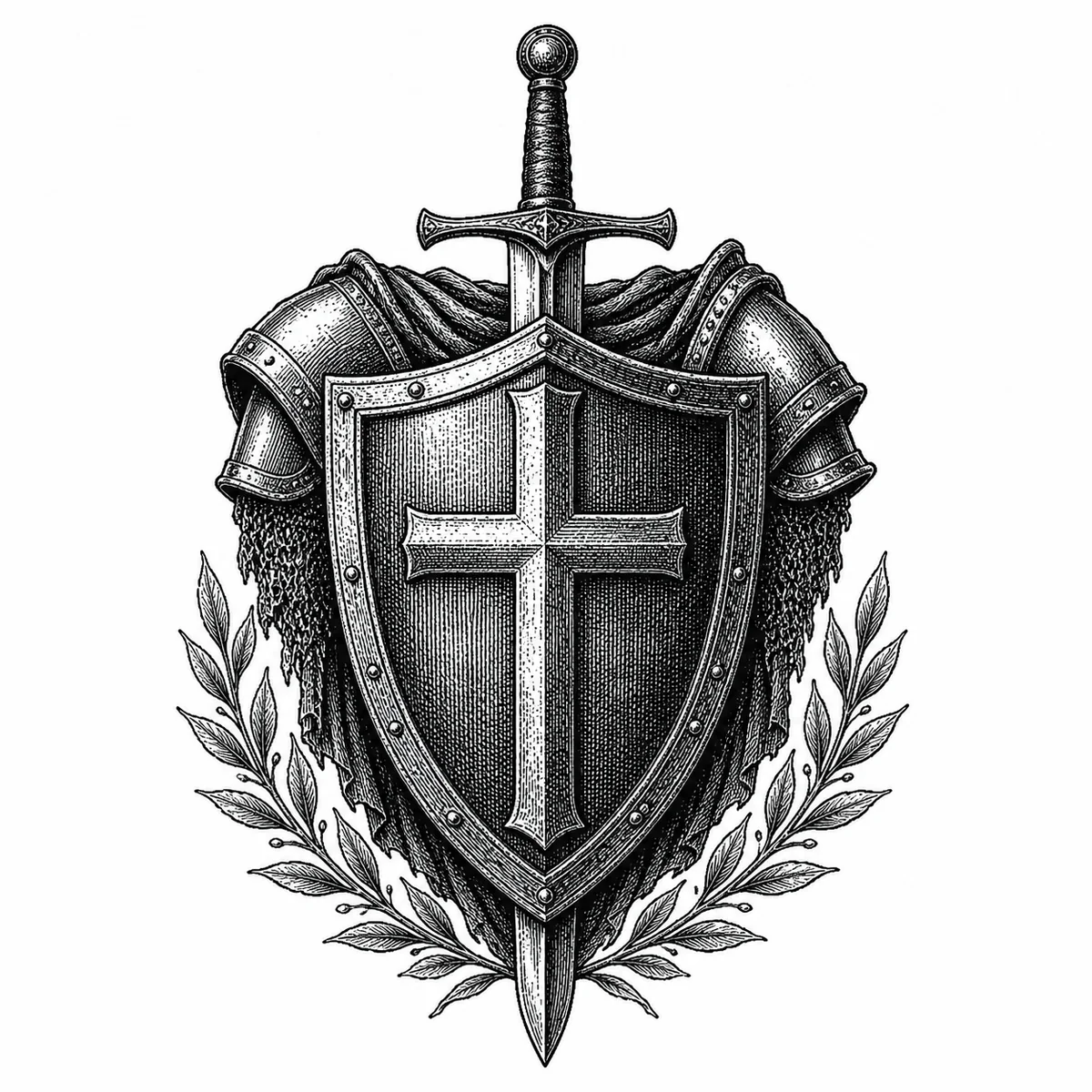 Stand Firm — the armor of God as an engraved shield, sword and laurel crest.