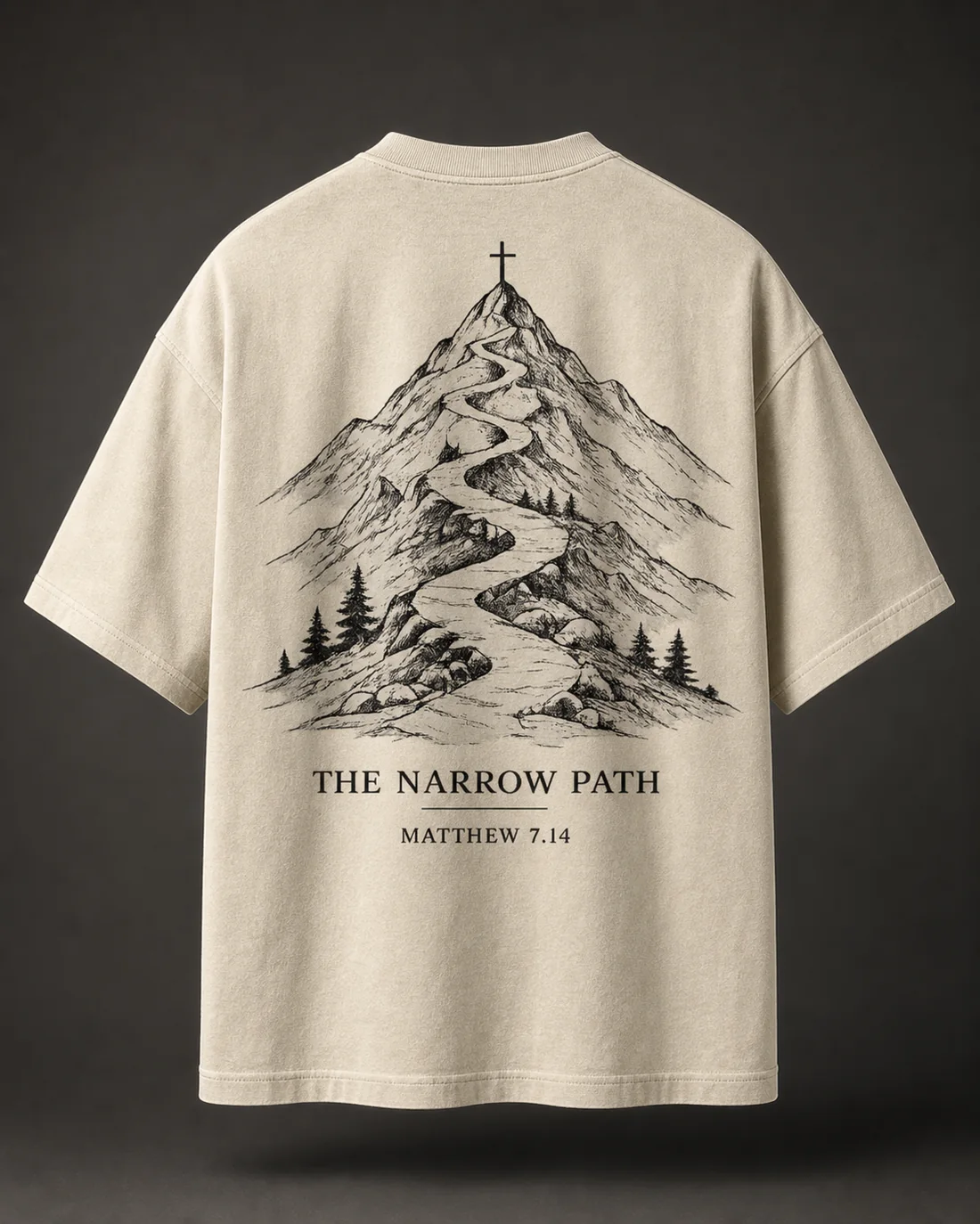 The Narrow Path tee in Bone, full back print.