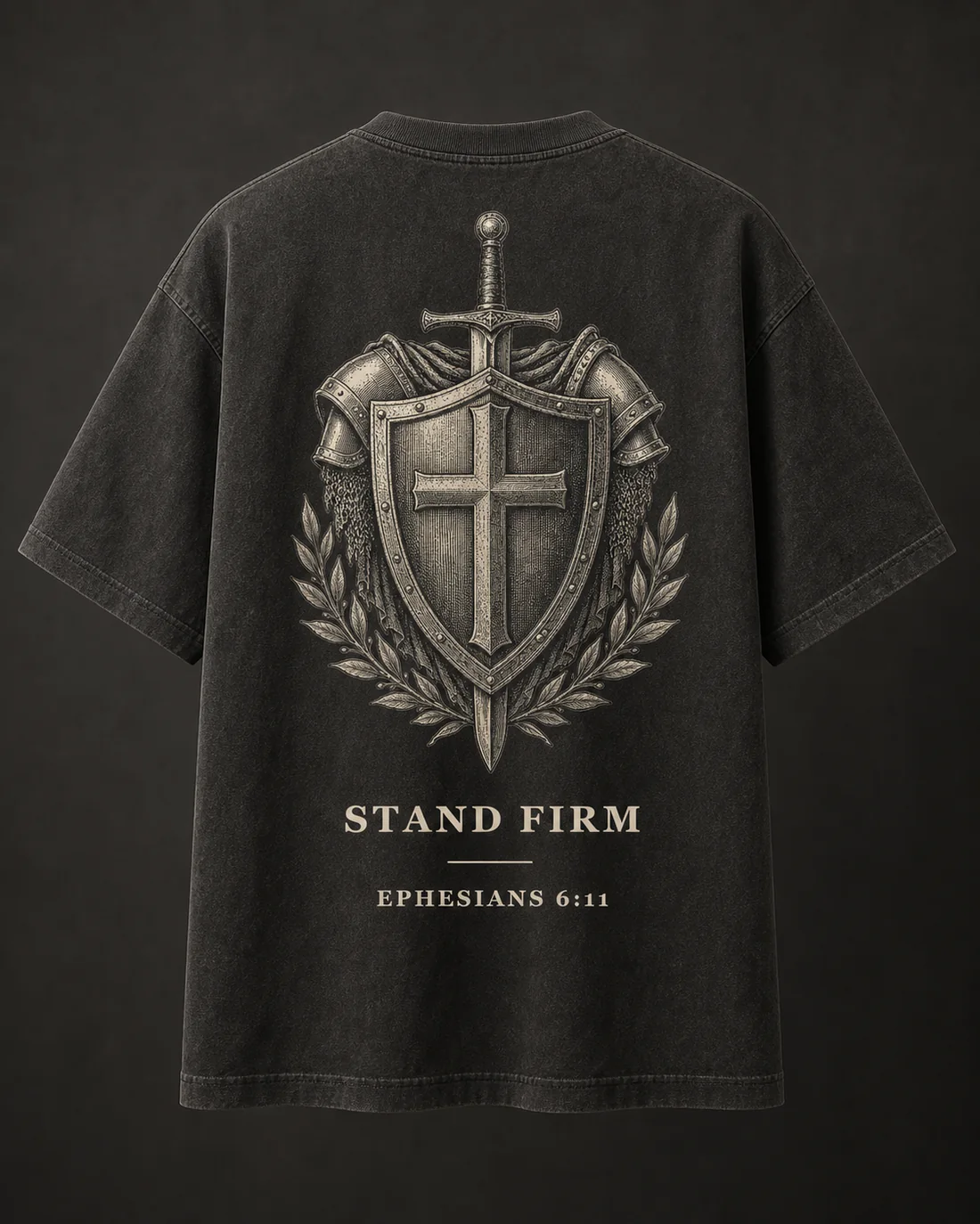 Stand Firm tee in Faded Black, full back print.