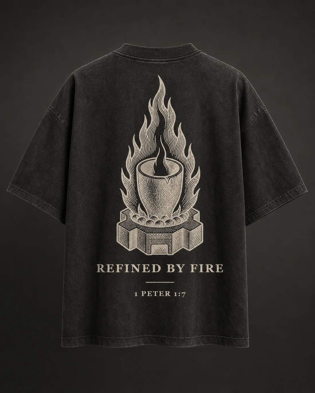 Refined by Fire tee in Faded Black, full back print.