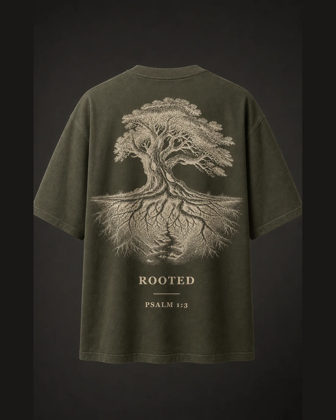 Rooted tee in Field Olive, full back print.