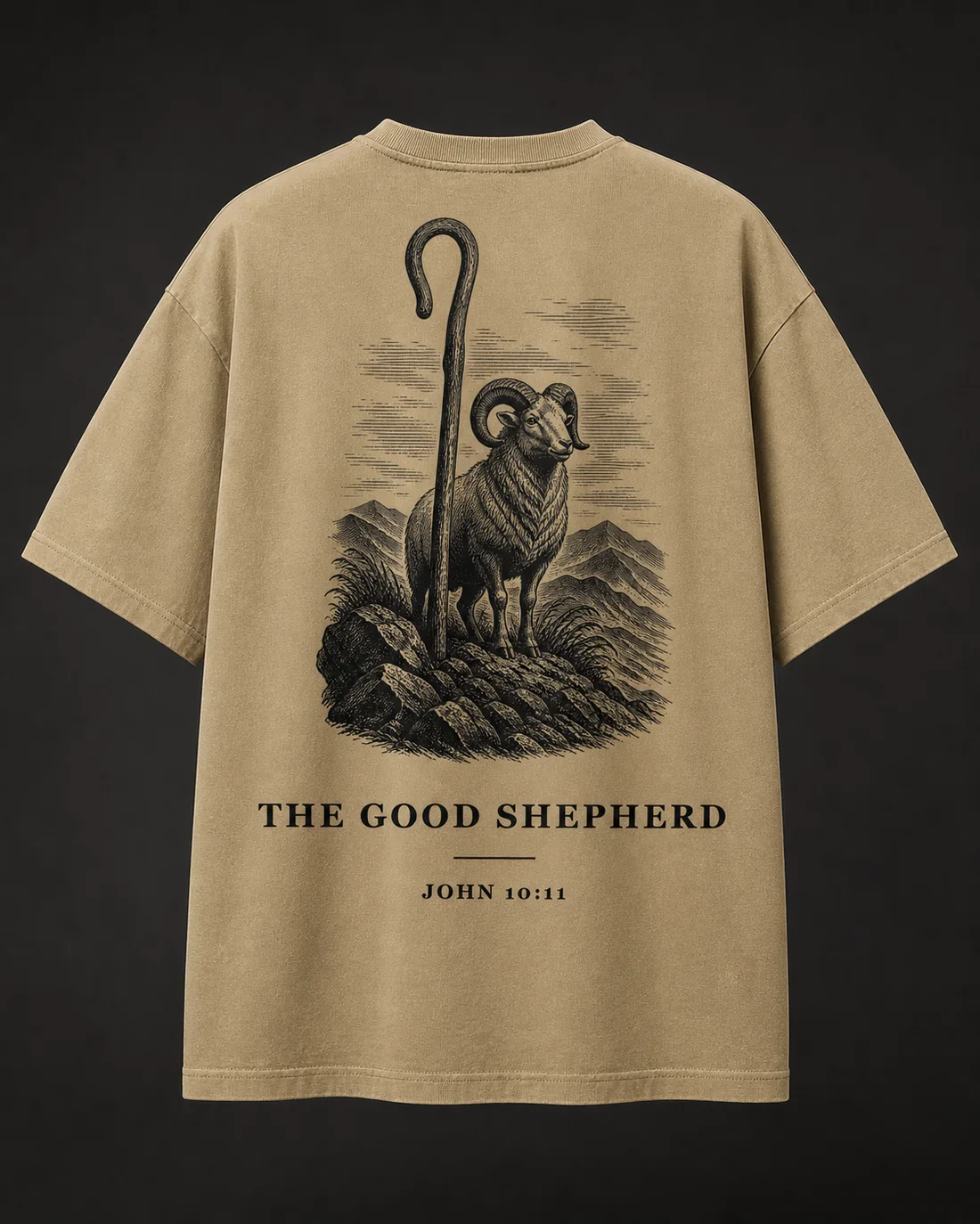 The Good Shepherd tee in Sand, full back print.